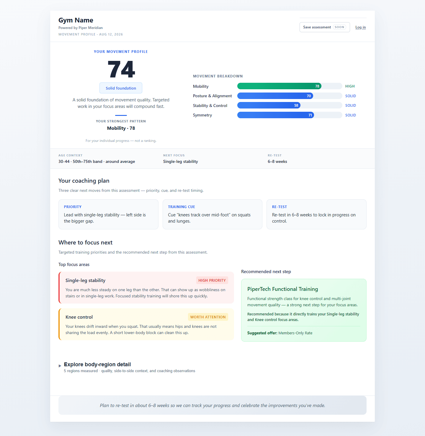 Meridian end-of-assessment summary showing Movement Score, focus areas, and coaching recommendation