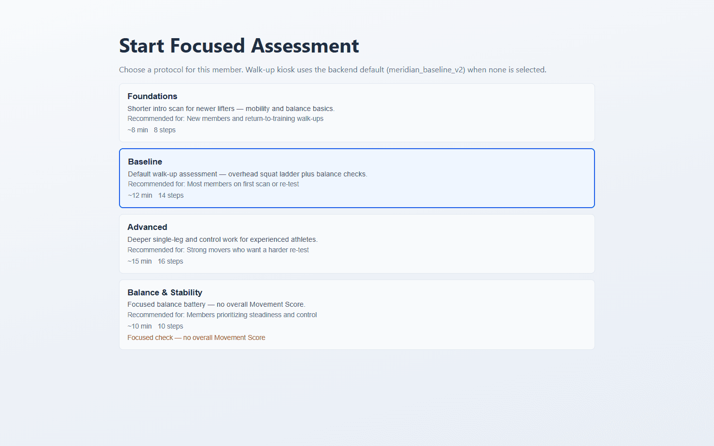 Protocol picker listing Foundations, Baseline, Advanced, and Balance assessments