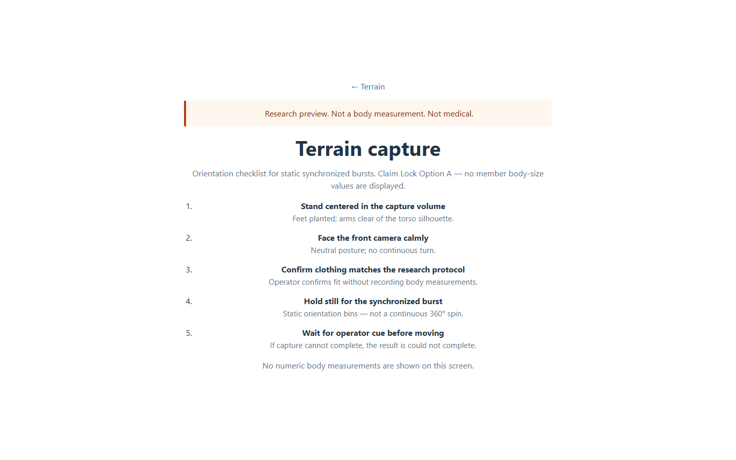 Terrain capture orientation checklist labeled as research preview